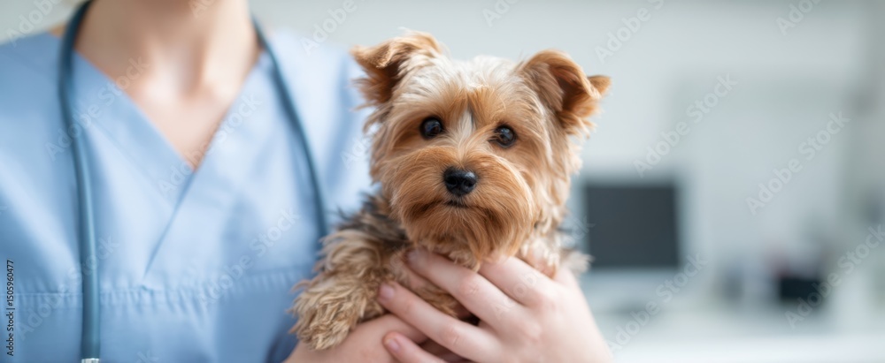 The veterinarian holding a cute Yorkshire Terrier in a healthcare setting. The veterinarian holding a cute Yorkshire Terrier in a healthcare setting.