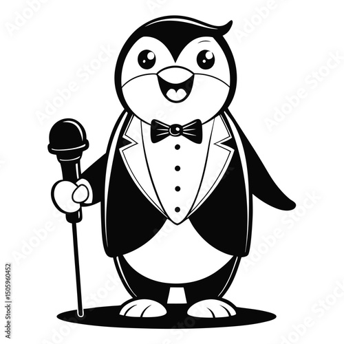 Cartoon penguin holding microphone wearing a tuxedo and performing on a stage