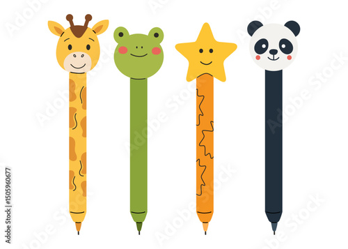 Back to school cute novelty pens vector set with giraffe, frog, star, and panda characters, colorful flat illustration ideal for kids stationery, school supplies, and educational design projects.

