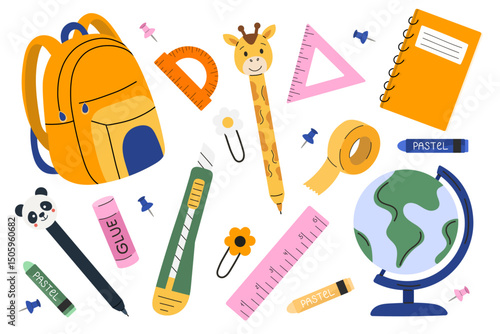 Vibrant Back to school set with backpack, globe, glue stick, utility knife, pastel crayons, cute pens, ruler, protractor, notebook, tape, and paper clips. Colorful flat illustration for kids