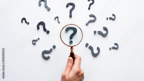 Wallpaper Mural Question mark and root cause analysis concept. Hand holding magnifying glass over large question mark surrounded by smaller ones on white background, symbolizing analysis and problem-solving. solution Torontodigital.ca