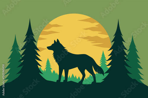 wolf silhouette standing in forest at sunset, pine trees, full moon, digital art, minimalist, vector illustration
