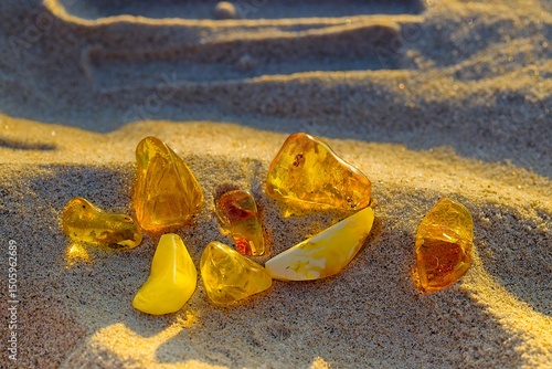 Fototapeta Naklejka Na Ścianę i Meble -  Baltic amber in white, yellow, and honey shades shines warmly in sunset light on Kołobrzeg's summer beach.