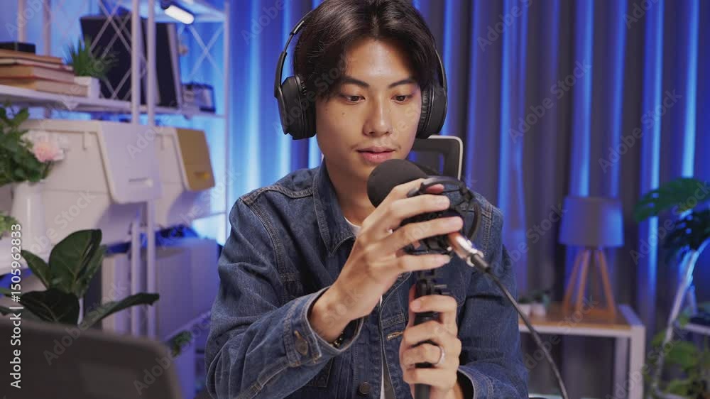 Confident young male content creator adjusting podcast microphone in creative blue-lit home studio during recording session