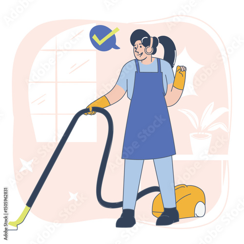 Cleaning Service Woman with Vacuum Cleaner, Flat Vector Illustration