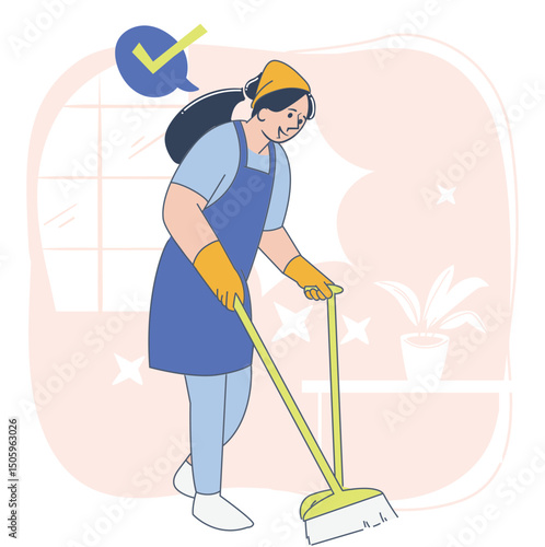 Cleaning Service Illustration, Housekeeping Concept, Flat Cartoon Style