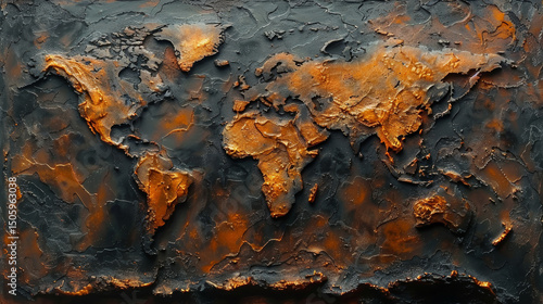 The image shows a heavily textured world map on a black background with a rusted and distressed effect