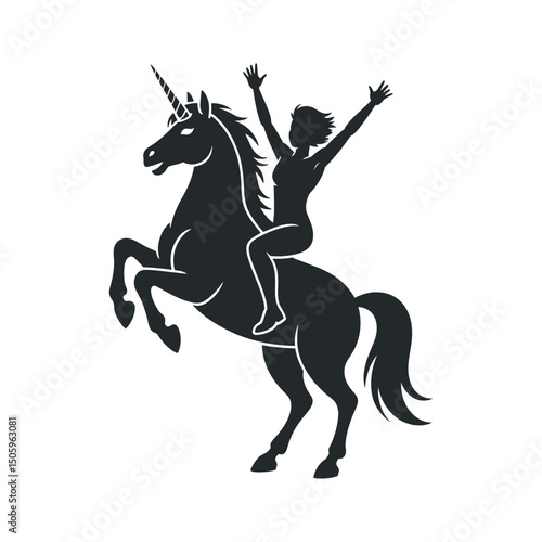 Silhouette of a Woman Riding a Rearing Unicorn with Arms Raised in Celebration Isolated on a White Background Vector Illustration