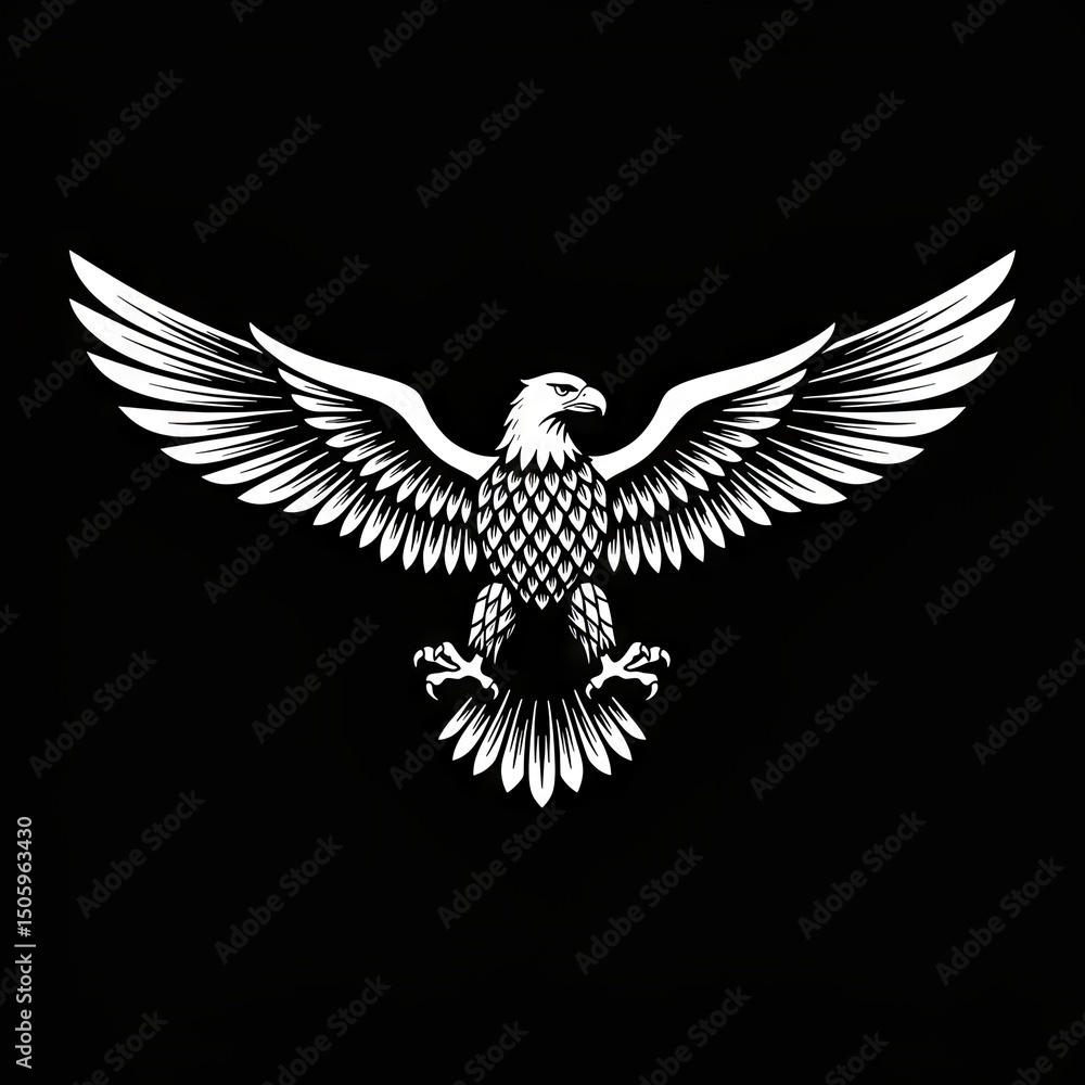 Obraz premium Detailed black and white illustration of a stylized eagle with spread wings on a black background. Suitable for symbolism, heraldry, power, or tattoo references.