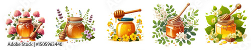 Various honey jars with flowers and herbs in natural design