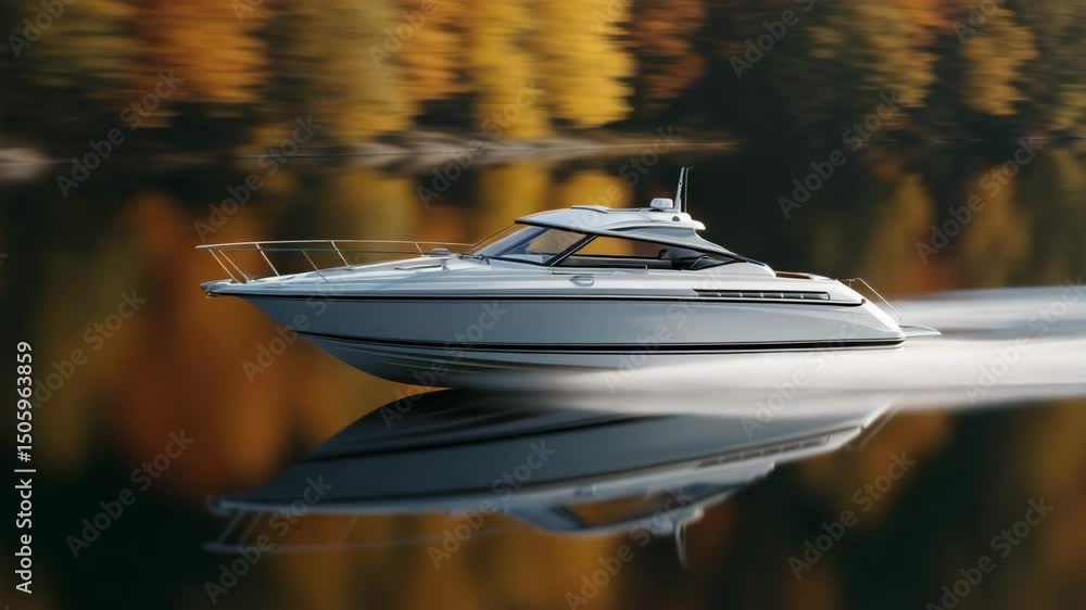 aesthetic scene featuring sleek motorboat gliding across serene water surface surrounded by soft reflections and