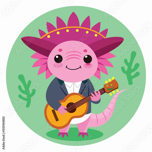 Cute cartoon axolotl playing acoustic guitar wearing a blue blazer and adorable pink look