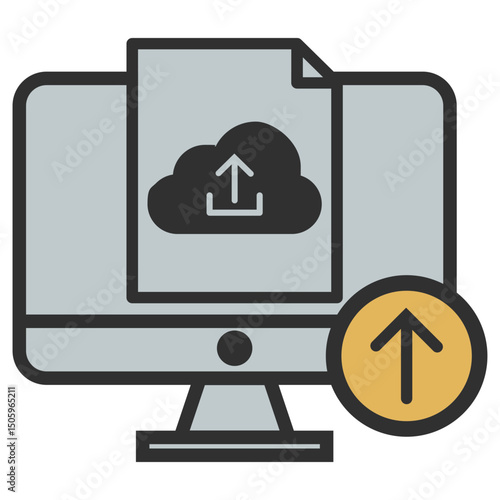 Computer with document and cloud storage icon with arrow up for cloud computing and online storage technology concept.