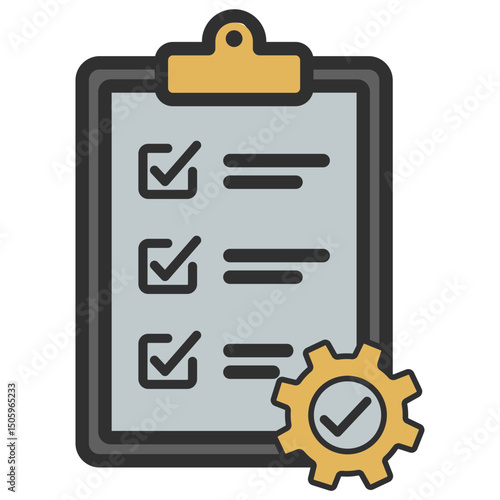 A clipboard with checklist and check mark tick inside checkbox with gear icon for quality control concept.