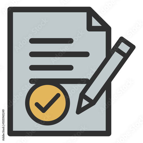 A paper document with check mark and pencil icon for quality control checking, verification and certify concept.