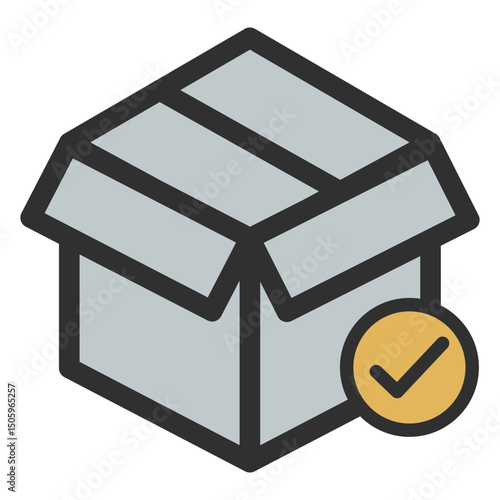 Package box for delivery with check mark icon for quality check pass and ready for delivery.