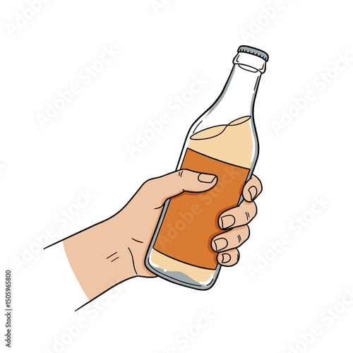 Hand holding a glass bottle of beverage with orange label  