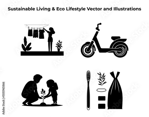 Sustainable Living Silhouette Vector Set – Eco Habits & Zero Waste Essentials