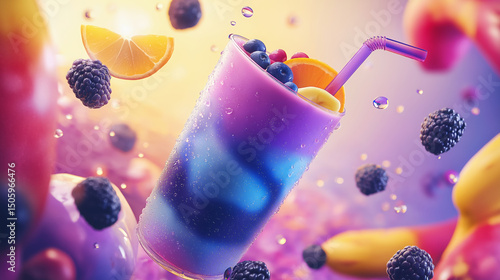 Refreshing smoothie surrounded by floating fruits and water droplets in a vibrant atmosphere