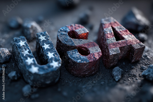 Letters spelling USA are artistically crafted with textures resembling rare earth minerals, showcasing a deep connection to the materials used and a thematic representation of American pride