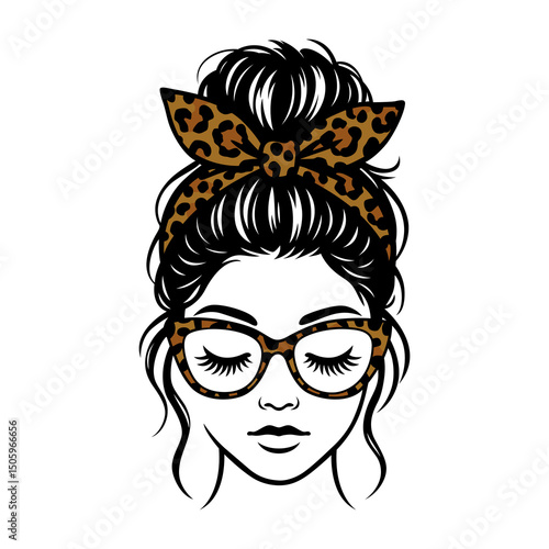 Messy Bun Girl with Leopard Glasses and Bandana | Trendy Woman Face Clipart | Fashion SVG Illustration