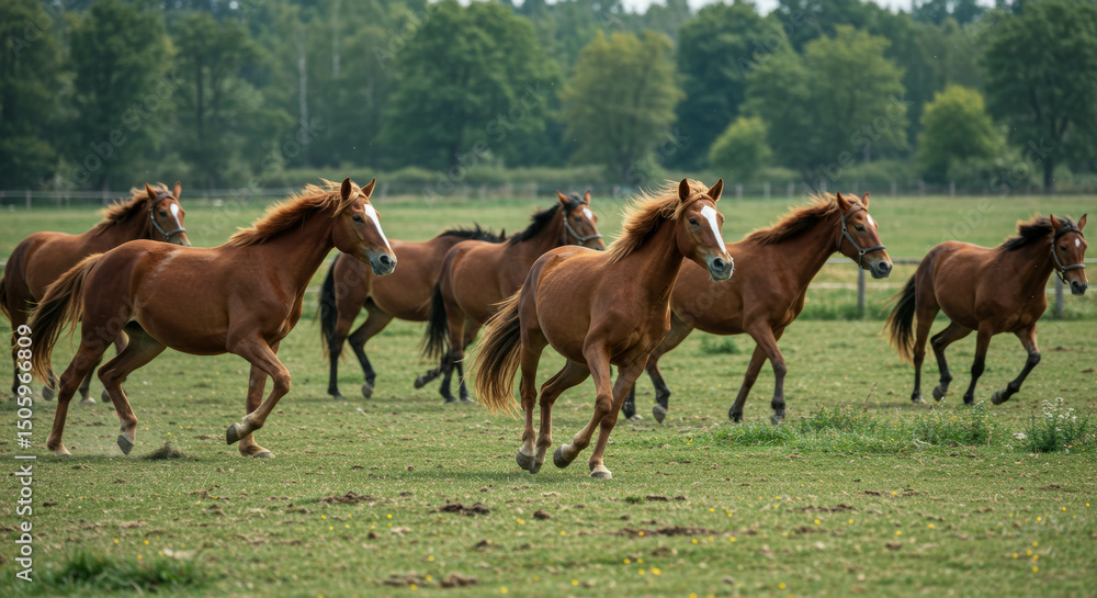 Fototapeta premium Colorful Horses Playing Freely in a Large Open Pasture