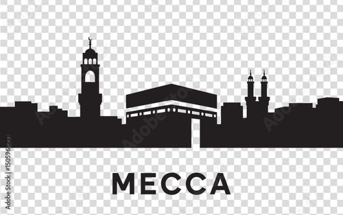 Mecca Skyline Silhouette with Kaaba – Islamic Holy City Landmark Vector