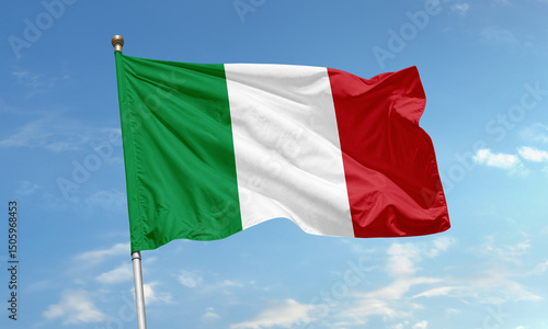 Italian national flag waving in blue sky