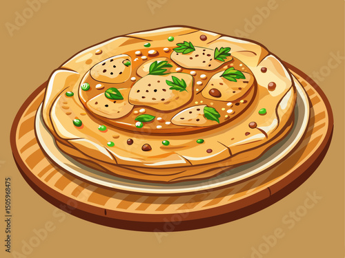 A detailed vector illustration of Sangak flatbread with toasted texture, placed on a warm beige background