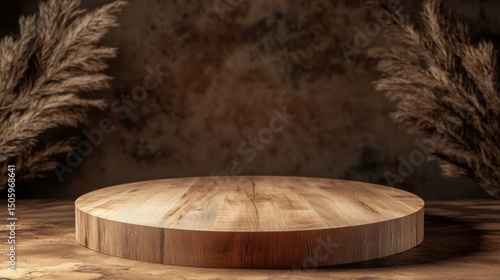 a wooden table with a round wooden plate on it