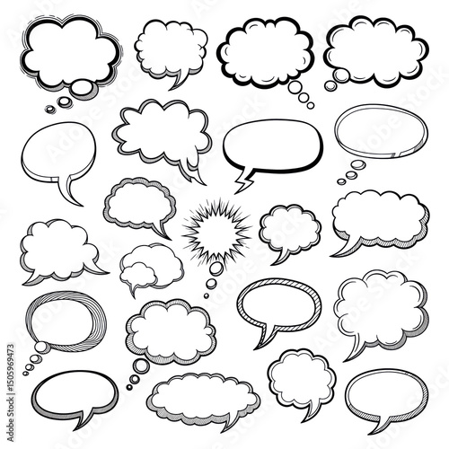 Hand-drawn speech bubble set, different styles, clipart