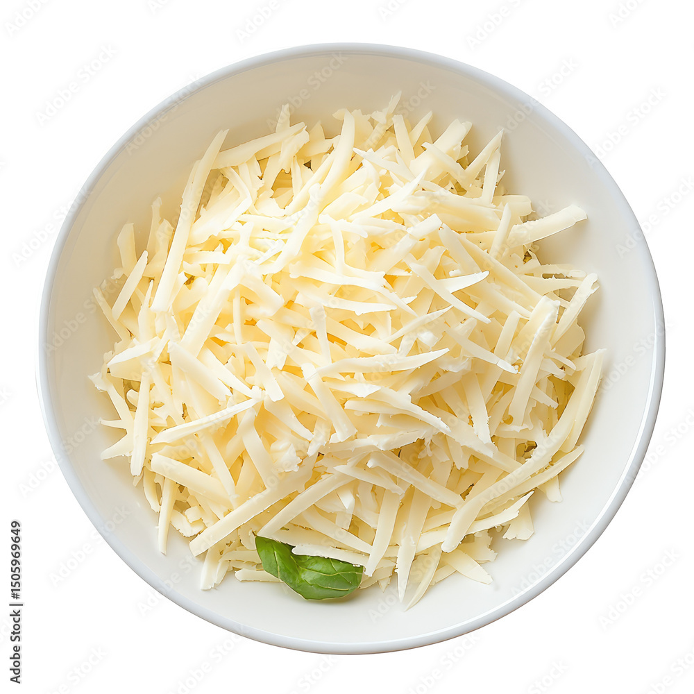 A top down view of a white bowl filled with shredded cheese and a single basil leaf garnish present A top down view of a white bowl filled with shredded cheese and a single basil leaf garnish present