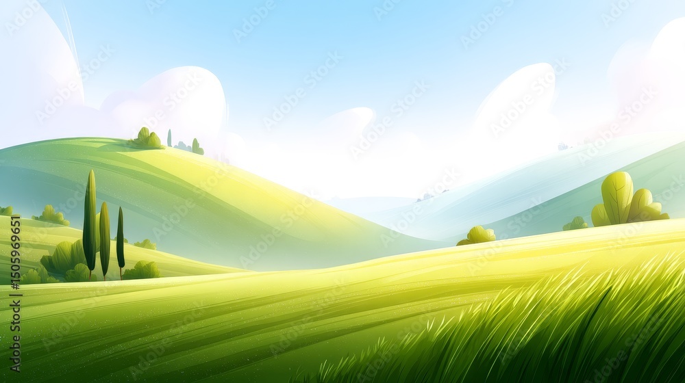 Obraz premium Serene Rolling Hills Landscape - A picturesque illustration of gently rolling green hills under a bright, sunny sky. Perfect for nature, travel, and serenity themes