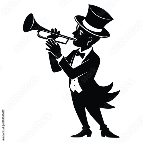 Elegant silhouette illustration depicting a person playing a trumpet wearing a top hat