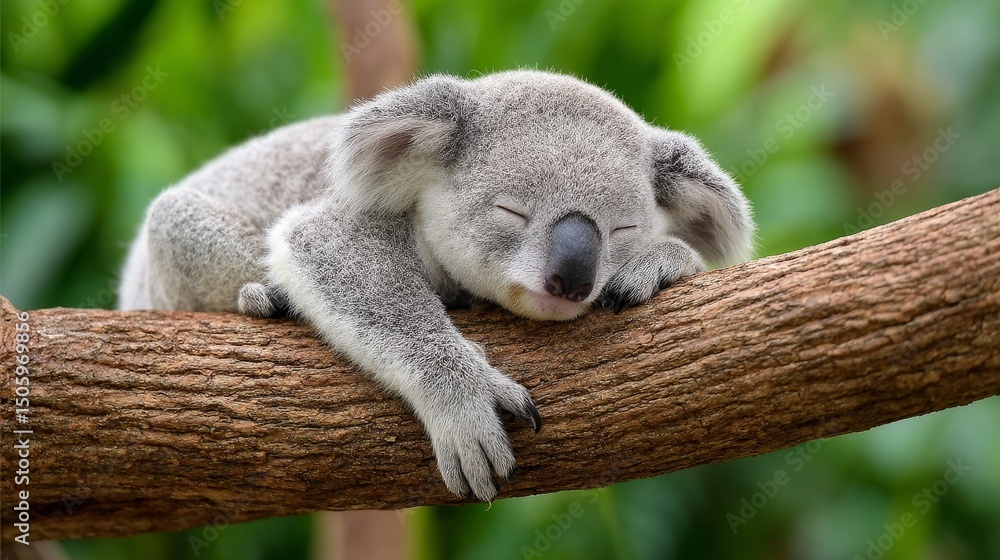 Fototapeta premium Sleepy Koala on a Branch - A cute koala bear sleeps soundly on a tree branch, symbolizing peace, tranquility, nature, wildlife, and Australian fauna