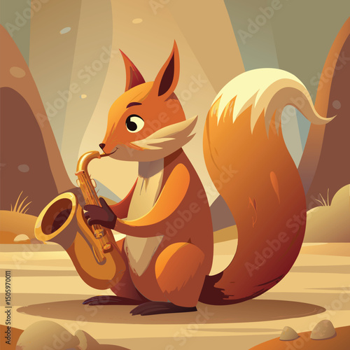 Playful cartoon fox enjoying music playing a golden saxophone in a scenic landscape