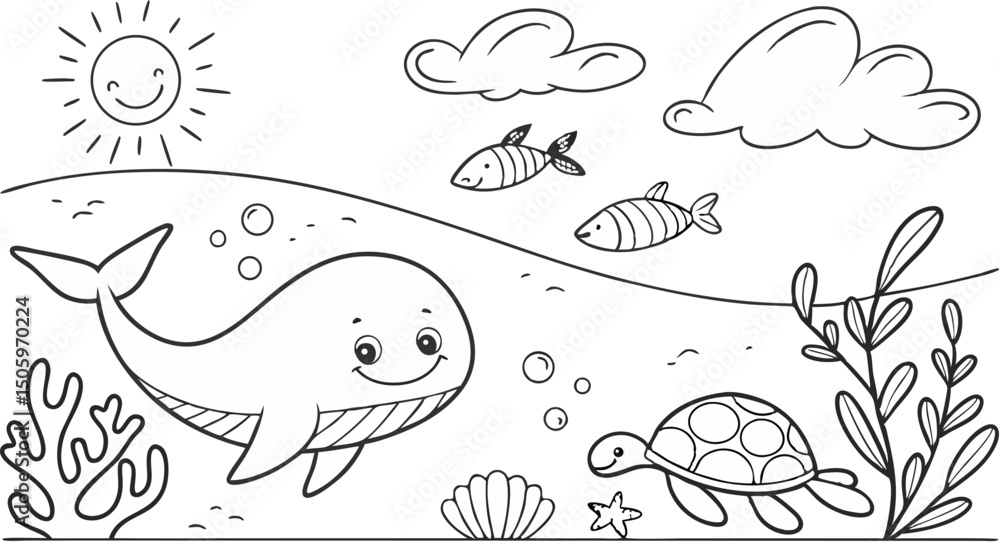 Fototapeta premium Ocean theme coloring page for kids. you can print it on standard paper. High resolution (300 DPI), ready to print on standard With No Bleed, Black and White Vector illustration AI, EPS, PNG, JPEG.
