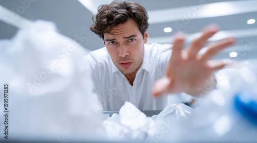 A man in a white shirt looks through crumpled paper. He seems overwhelmed and curious. This image captures the theme of waste, challenges, and personal reflection. Clean and modern style. AI.