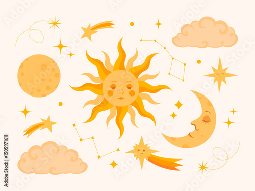 Clipart on the astronomical theme: sun with faces, moon, clouds, stars, constellations and comets.  Ideal for posters and childrens books, clothing, educational