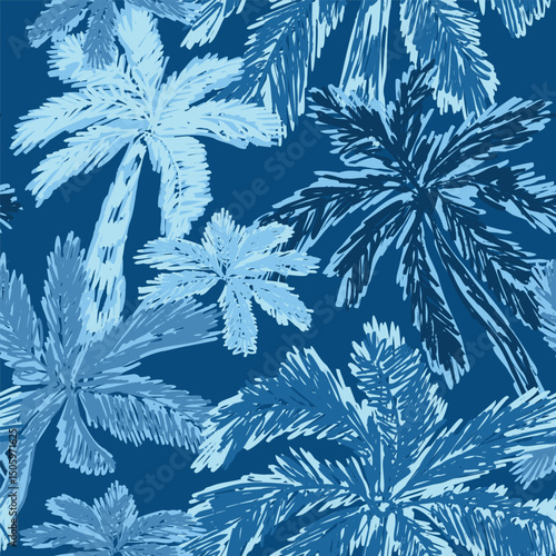 Blue tropical palm tree seamless pattern. Summer beach print. Hand drawn botanical sketch, cute palm leaves and exotic forest Vector textile design, fashion, fabric, wallpaper, repeat background.