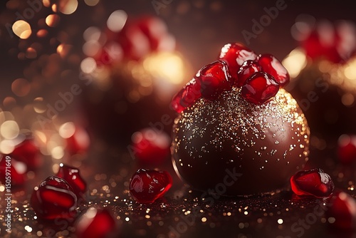 Food photography, shimmering ruby garnet and dark chocolate truffles sprinkled with edible gold glitter