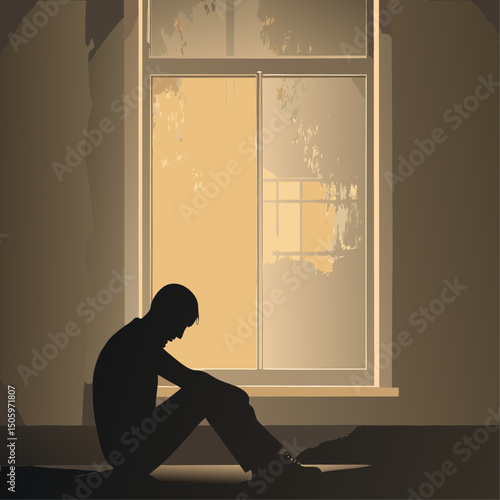 Depressed young man sitting on floor by window in dimly lit room  