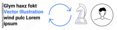 Circular recycling arrows, a knight chess piece, and a user avatar face. Ideal for sustainability, strategy, profile management, leadership, innovation, decision-making simple landing page