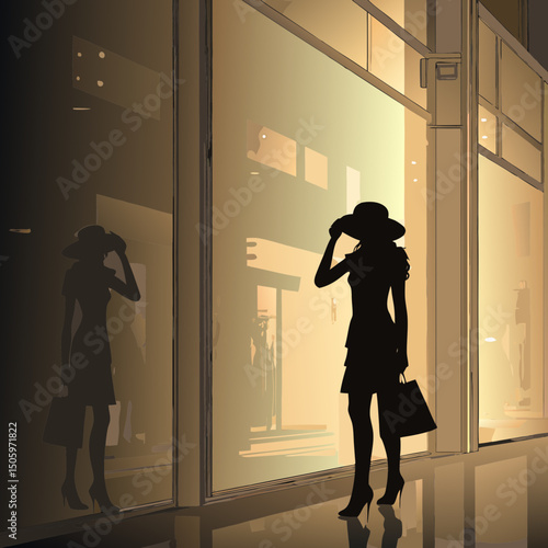 Stylish woman shopping and admiring window displays at night  