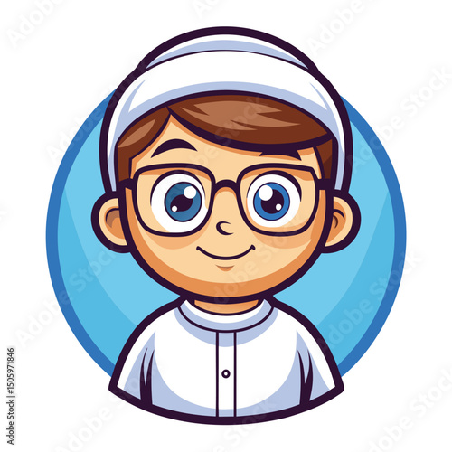 Cartoon boy wearing a traditional Muslim head covering and glasses