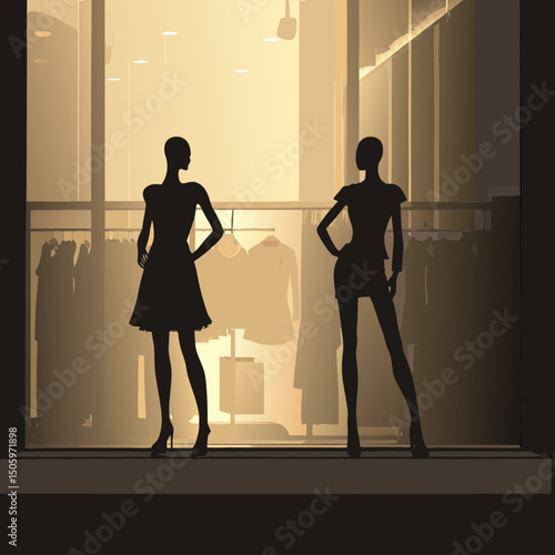 Silhouettes of two mannequins standing in a clothing store window  