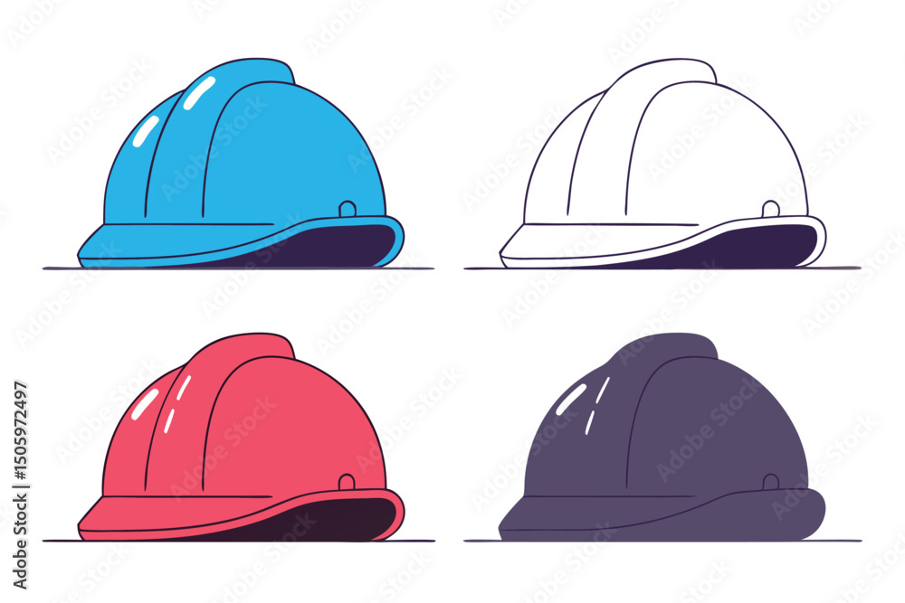 Four different colored construction helmets illustrated in a flat design style for safety concept Four different colored construction helmets illustrated in a flat design style for safety concept