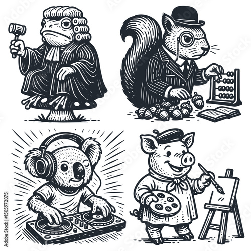 Vector set: frog judge with gavel, squirrel accountant with abacus, koala DJ with turntable, pig artist with palette. Whimsical B&W engraving style.