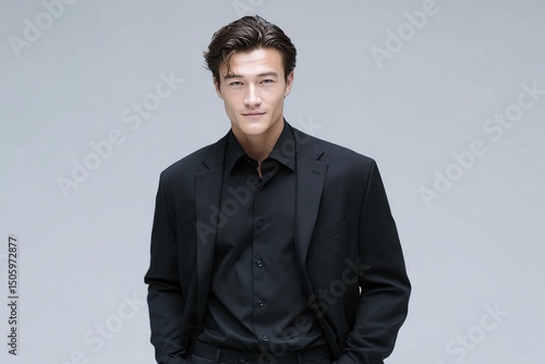 A confident man in a stylish black suit and shirt stands against a neutral backdrop. The modern pose exudes elegance and professionalism. Ideal for fashion or business themes. AI