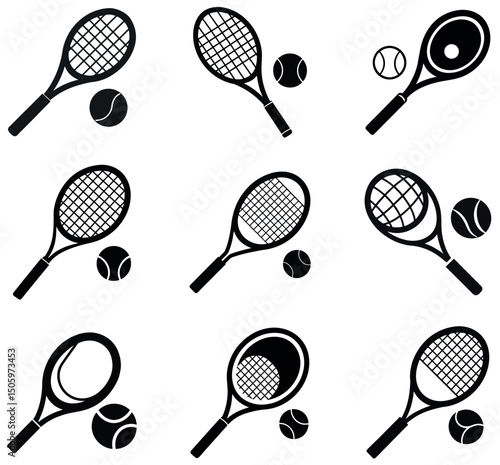 Tennis Racket and Ball Icons Bundle  Set of 9 Black and White Sports Silhouette Illustrations